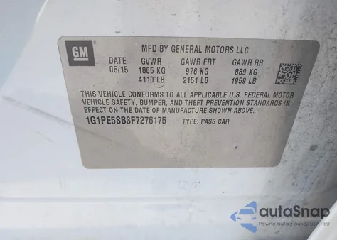 2015 Chevrolet Cruze 2Lt Auto z USA, uszkodzony, nr VIN 1G1PE5SB3F7276175